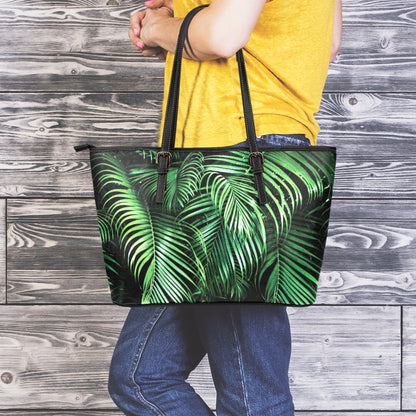 Tropical Palm Leaf Print Leather Tote Bag