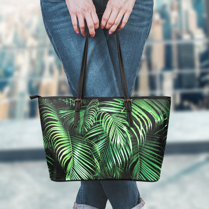 Tropical Palm Leaf Print Leather Tote Bag