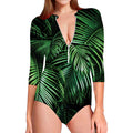 Tropical Palm Leaf Print Long Sleeve Swimsuit