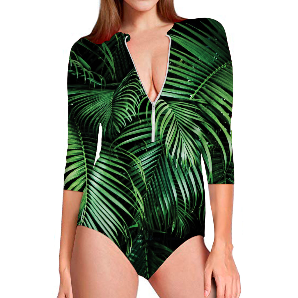 Tropical Palm Leaf Print Long Sleeve Swimsuit