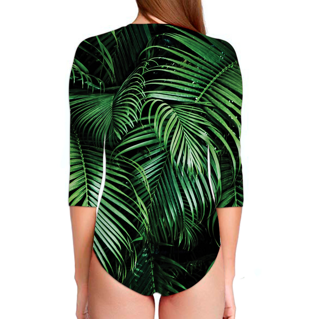 Tropical Palm Leaf Print Long Sleeve Swimsuit