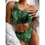 Tropical Palm Leaf Print One Shoulder Bikini Top