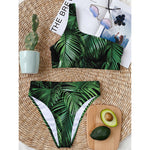 Tropical Palm Leaf Print One Shoulder Bikini Top