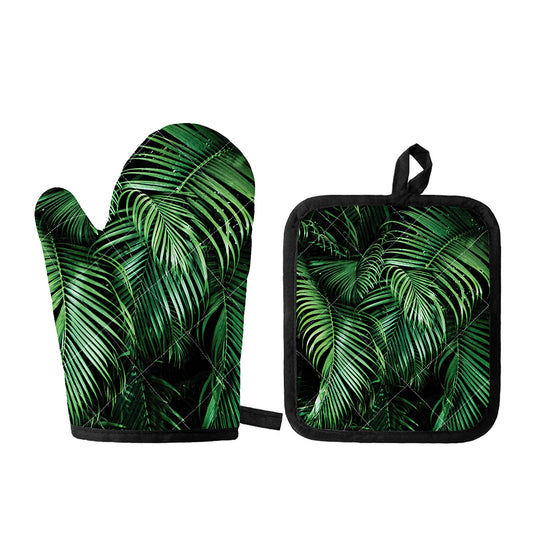 Tropical Palm Leaf Print Oven Mitt And Pot Holder Set