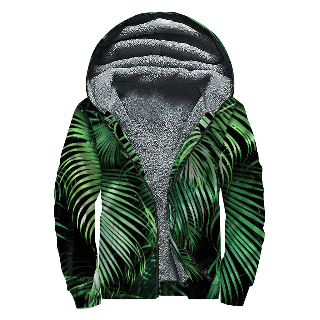 Tropical Palm Leaf Print Sherpa Lined Zip Up Hoodie