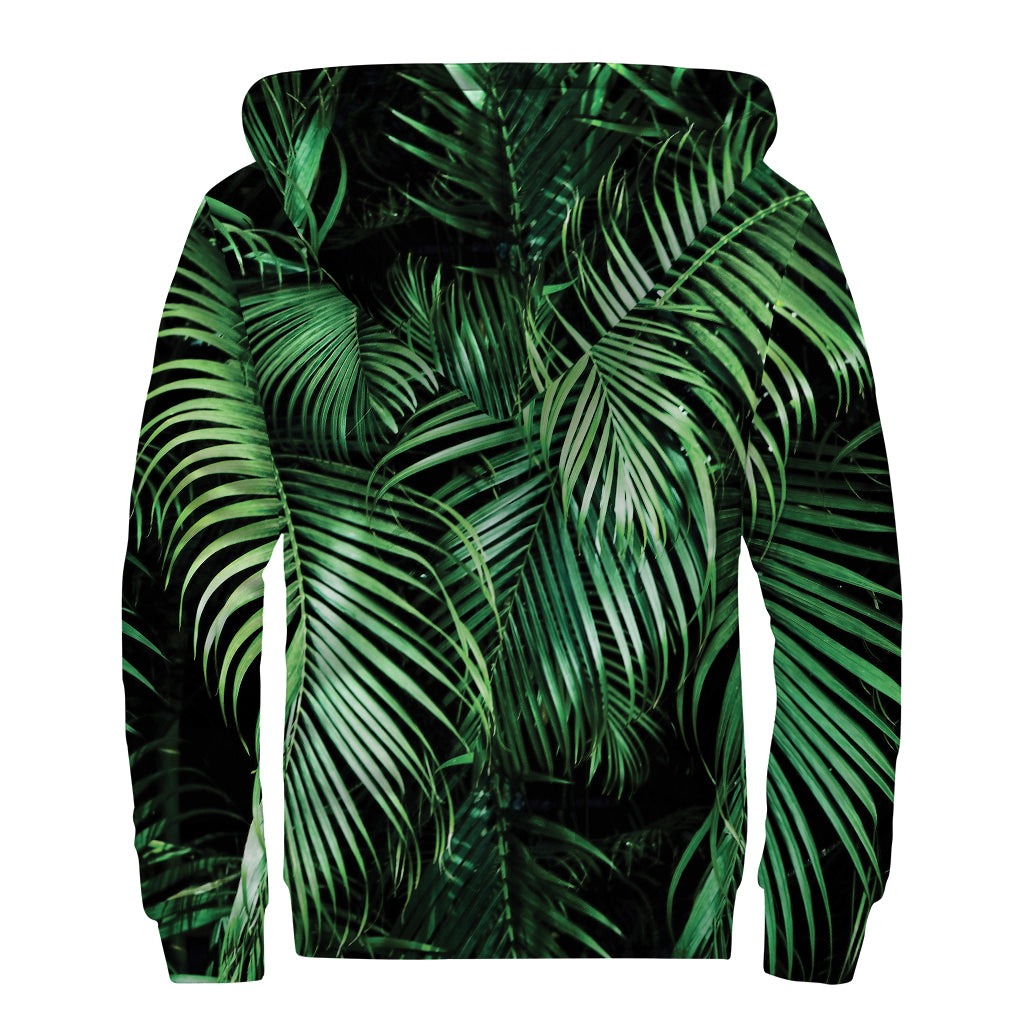 Tropical Palm Leaf Print Sherpa Lined Zip Up Hoodie