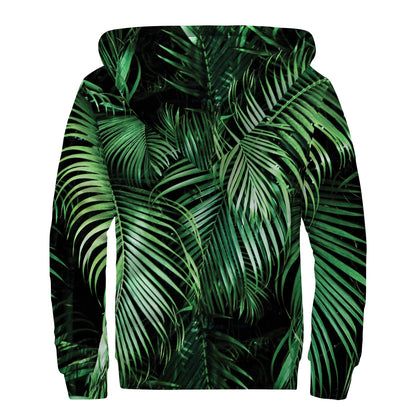 Tropical Palm Leaf Print Sherpa Lined Zip Up Hoodie