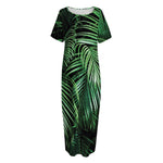 Tropical Palm Leaf Print Short Sleeve Long Nightdress