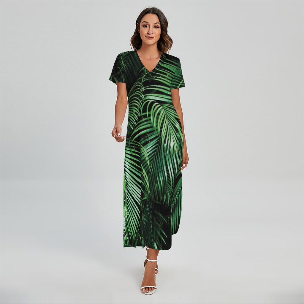 Tropical Palm Leaf Print Short Sleeve Maxi Dress