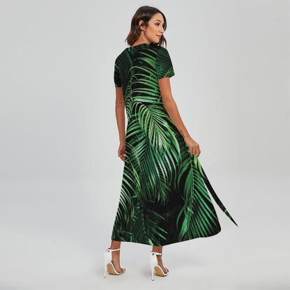 Tropical Palm Leaf Print Short Sleeve Maxi Dress