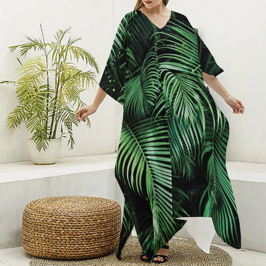 Tropical Palm Leaf Print Silk V-Neck Kaftan Dress