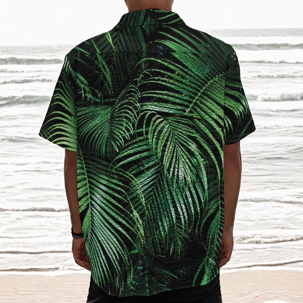 Tropical Palm Leaf Print Textured Short Sleeve Shirt