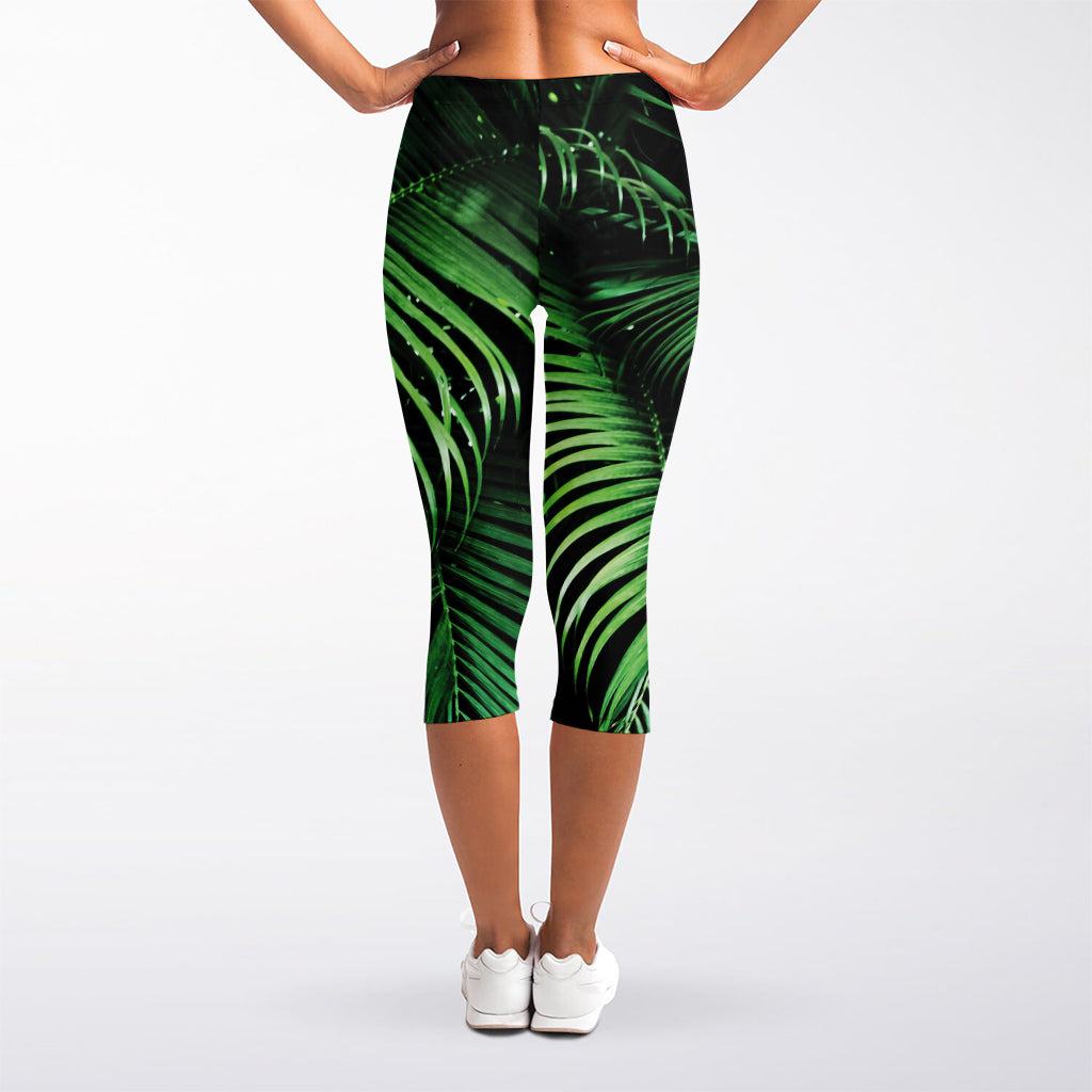 Tropical Palm Leaf Print Women's Capri Leggings