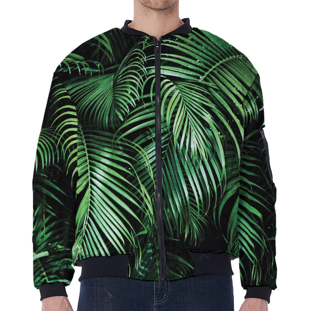 Tropical Palm Leaf Print Zip Sleeve Bomber Jacket