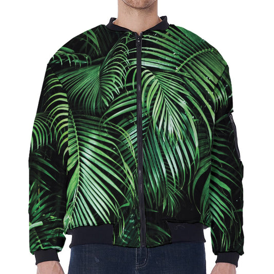 Tropical Palm Leaf Print Zip Sleeve Bomber Jacket