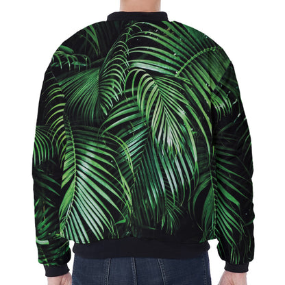 Tropical Palm Leaf Print Zip Sleeve Bomber Jacket