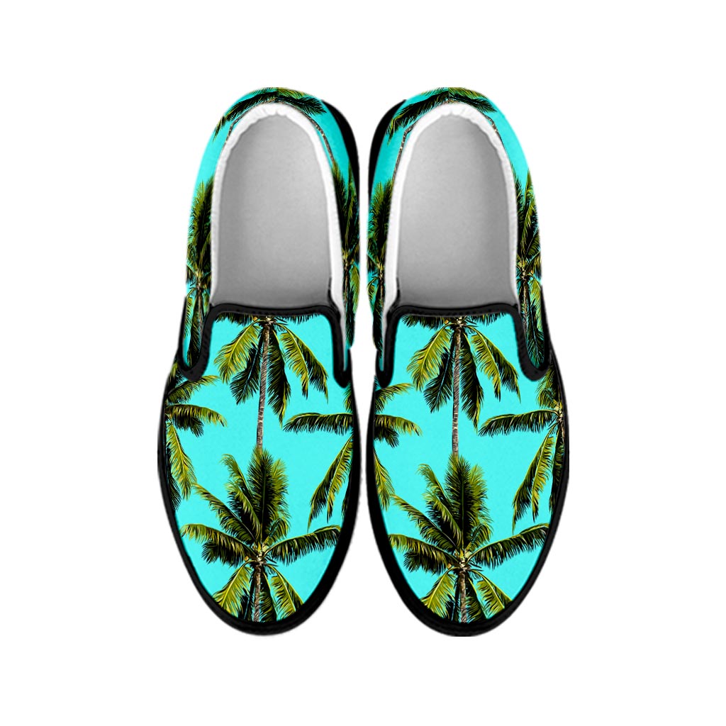 Tropical Palm Tree Pattern Print Black Slip On Sneakers