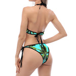 Tropical Palm Tree Pattern Print Halter Scoop Tie Side Bikini