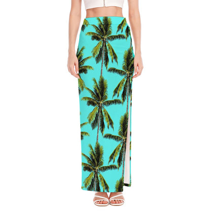 Tropical Palm Tree Pattern Print High Slit Maxi Skirt