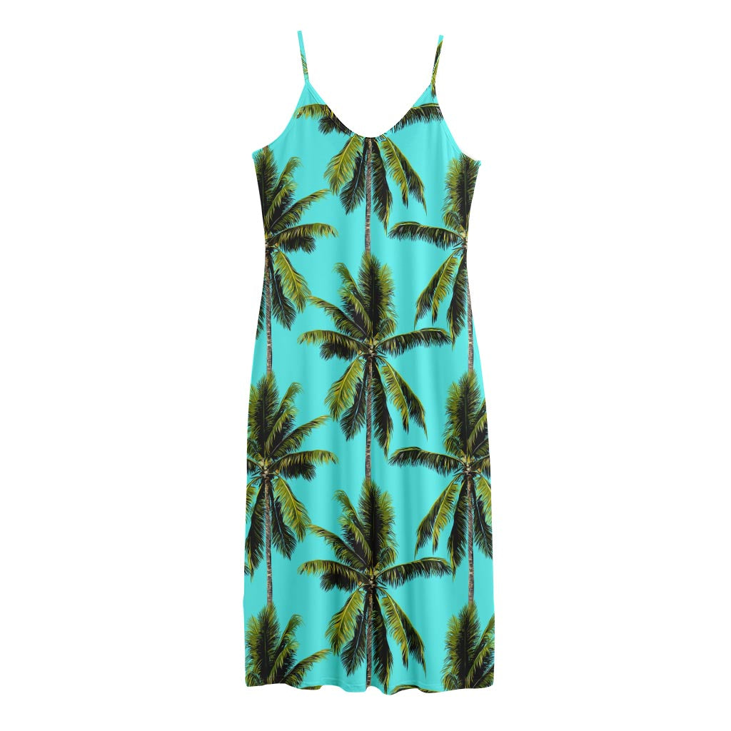 Tropical Palm Tree Pattern Print Jersey Midi Cami Dress