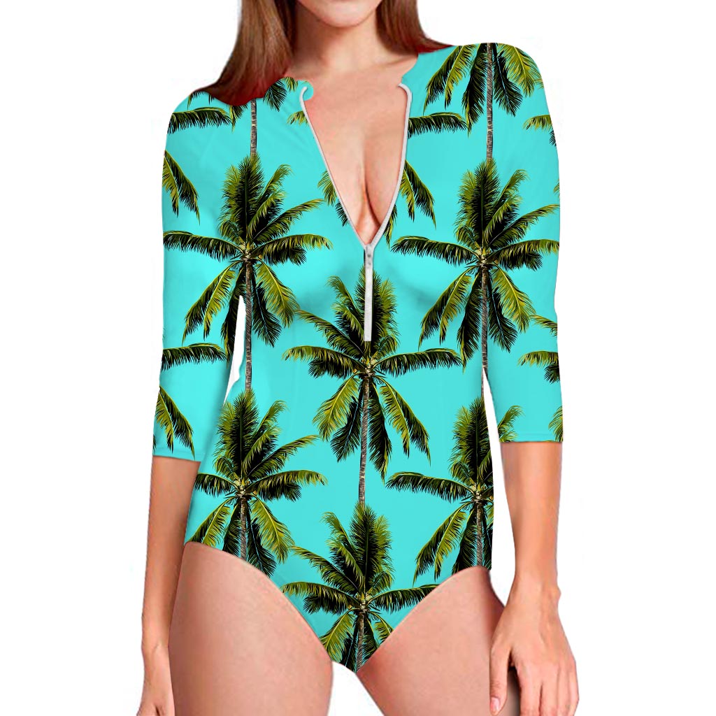 Tropical Palm Tree Pattern Print Long Sleeve Swimsuit