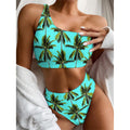 Tropical Palm Tree Pattern Print One Shoulder Bikini Set