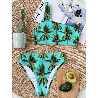Tropical Palm Tree Pattern Print One Shoulder Bikini Top