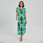 Tropical Palm Tree Pattern Print Short Sleeve Maxi Dress