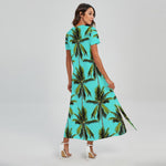 Tropical Palm Tree Pattern Print Short Sleeve Maxi Dress
