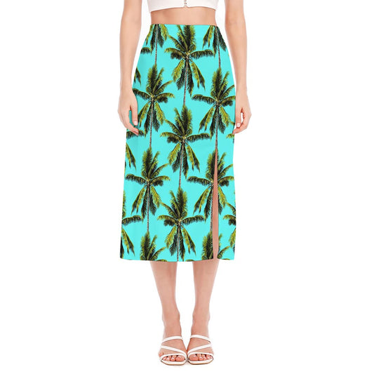 Tropical Palm Tree Pattern Print Side Slit Midi Skirt