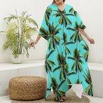 Tropical Palm Tree Pattern Print Silk V-Neck Kaftan Dress