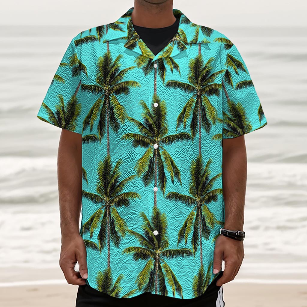 Tropical Palm Tree Pattern Print Textured Short Sleeve Shirt