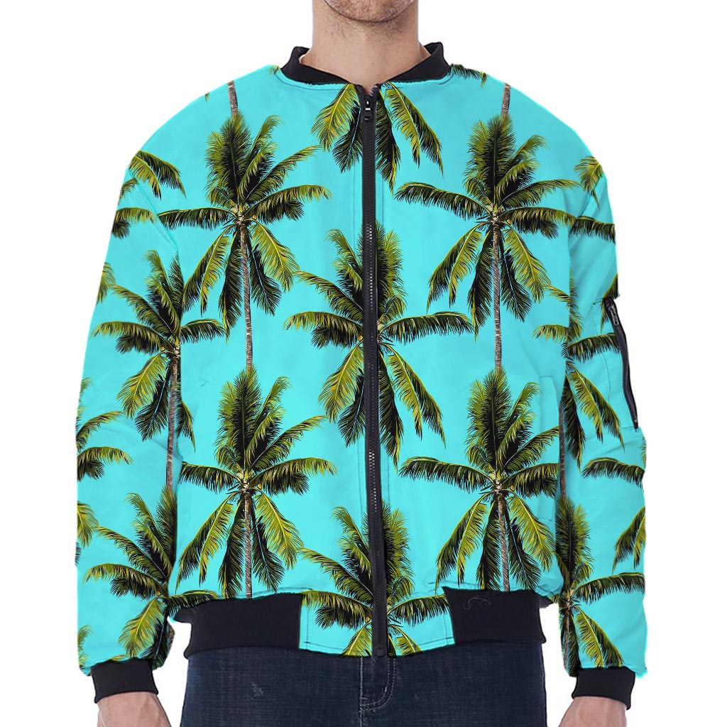 Tropical Palm Tree Pattern Print Zip Sleeve Bomber Jacket