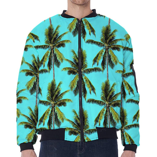 Tropical Palm Tree Pattern Print Zip Sleeve Bomber Jacket