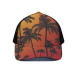Tropical Palm Tree Sunset Print Black Mesh Trucker Cap