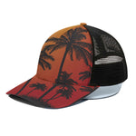 Tropical Palm Tree Sunset Print Black Mesh Trucker Cap