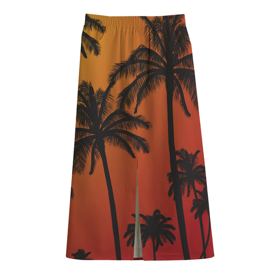 Tropical Palm Tree Sunset Print Cotton Front Slit Maxi Skirt