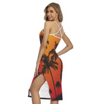 Tropical Palm Tree Sunset Print Cross Back Cami Dress