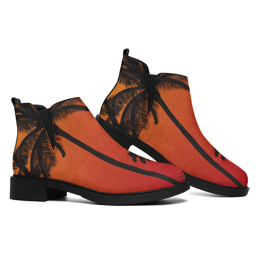 Tropical Palm Tree Sunset Print Flat Ankle Boots