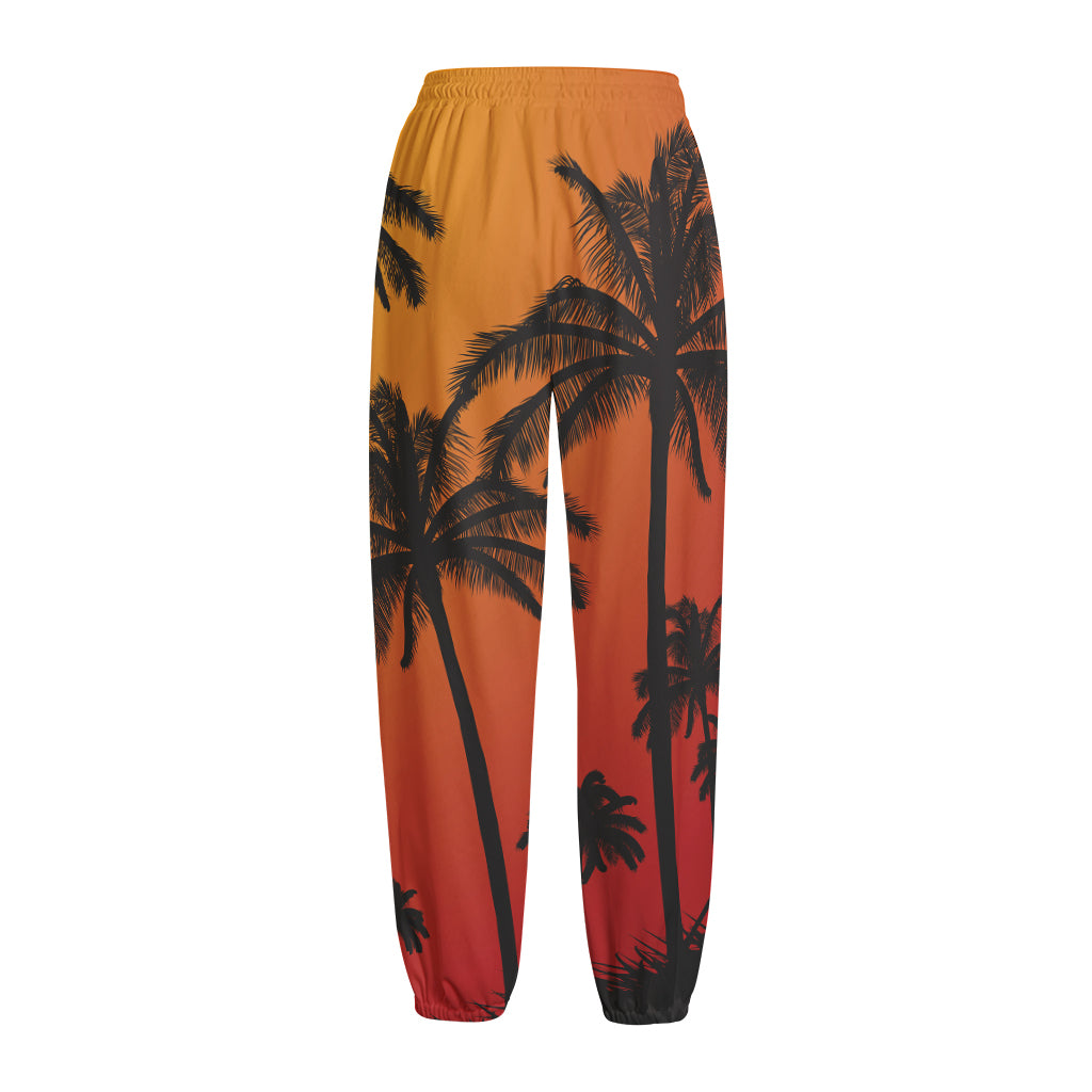 Tropical Palm Tree Sunset Print Fleece Lined Knit Pants