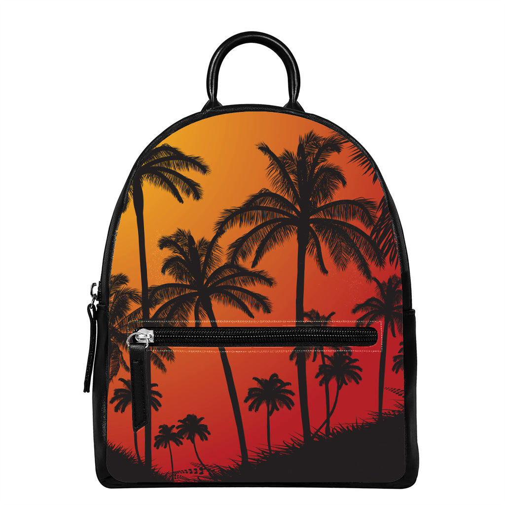 Tropical Palm Tree Sunset Print Leather Backpack