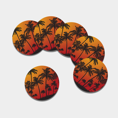 Tropical Palm Tree Sunset Print Leather Coaster Set