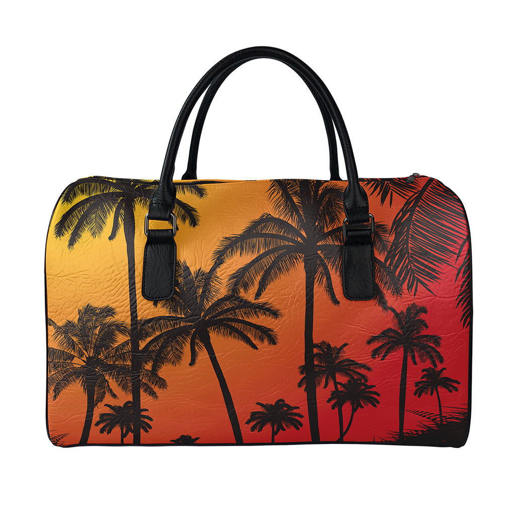 Tropical Palm Tree Sunset Print Leather Duffle Bag