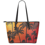 Tropical Palm Tree Sunset Print Leather Tote Bag