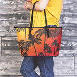 Tropical Palm Tree Sunset Print Leather Tote Bag