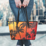 Tropical Palm Tree Sunset Print Leather Tote Bag