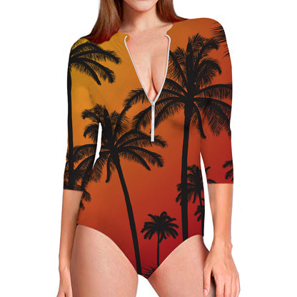 Tropical Palm Tree Sunset Print Long Sleeve Swimsuit