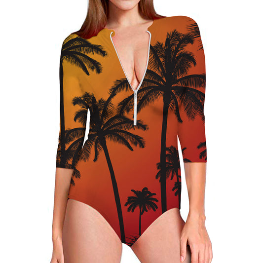 Tropical Palm Tree Sunset Print Long Sleeve Swimsuit