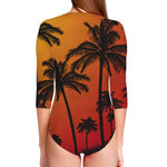 Tropical Palm Tree Sunset Print Long Sleeve Swimsuit