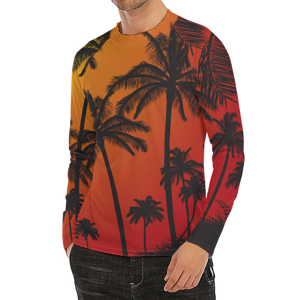 Tropical Palm Tree Sunset Print Men's Long Sleeve Rash Guard